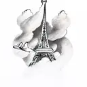 Eiffel Tower with a plane flying through a cloud in the background tattoo design idea