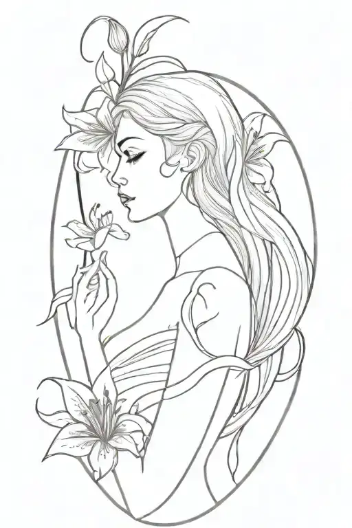 A minimalist tattoo of Persephone holding a red spider lily, embodying the beauty and darkness of the underworld in Greek myths tattoo design idea
