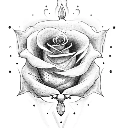 A dotwork tattoo of a rose with a dagger piercing through it, symbolizing the strength and beauty of life tattoo design idea
