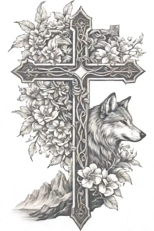 Christian cross Jesus on a mountain with a cute wolf's head and a few flowers around tattoo design idea