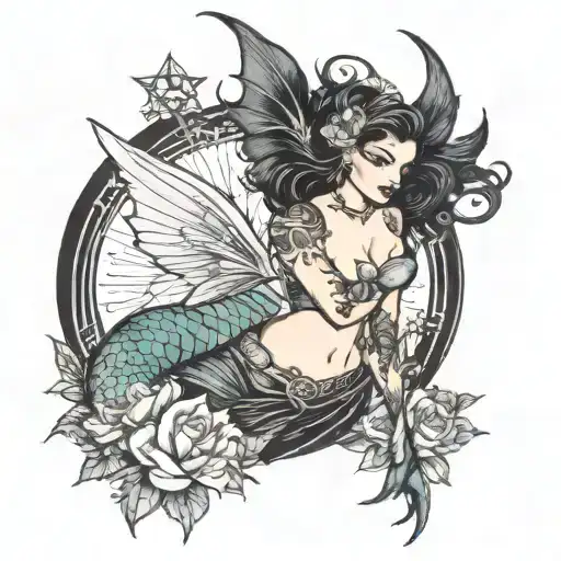 goth Ariel mermaid warrior holding tattoo design idea