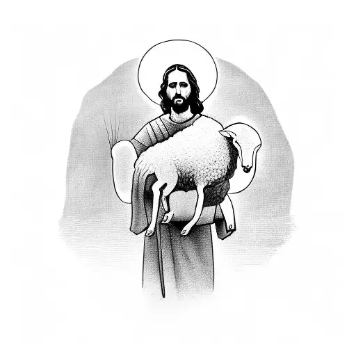 A modern interpretation of Jesus carrying the lost sheep on his shoulders tattoo design idea