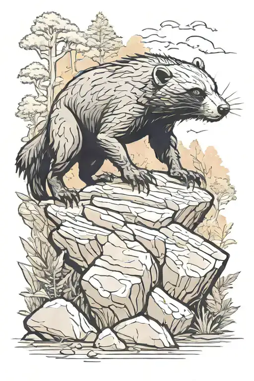 honey badger on a rock in an attacking pose against the backdrop of a fairytale forest tattoo design idea
