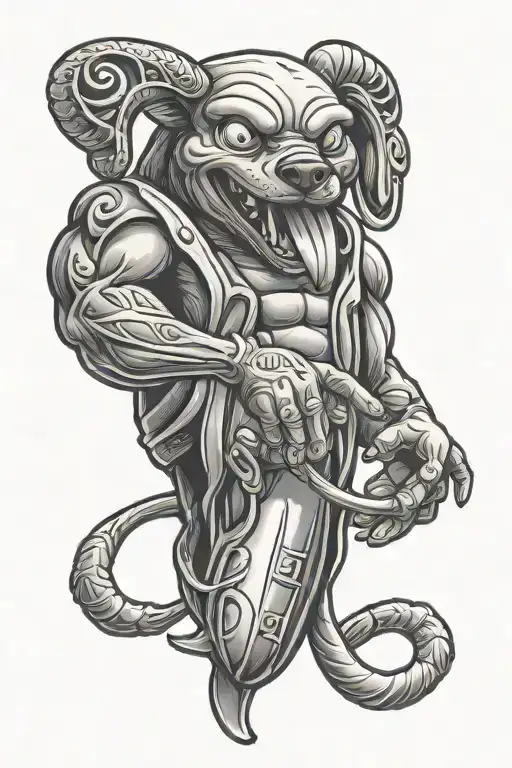 muscular hotdog holding chicken wing nunchucks tattoo design idea