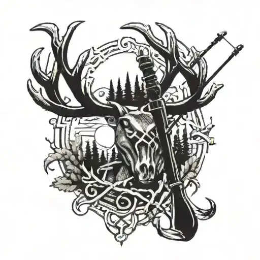 cross and deer antlers with a fishing rod tattoo design idea