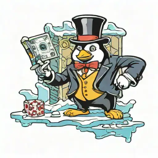 Mr monopoly but as a penguin and standing on an ice cube house  tattoo design idea