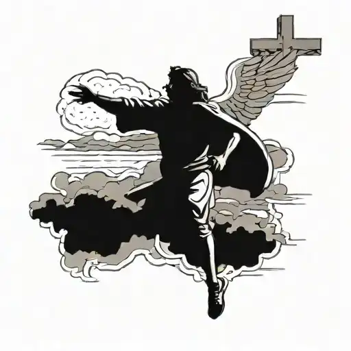 man runs into heaven, bible verses, jesus cross, clouds under arm, black tattoo design idea