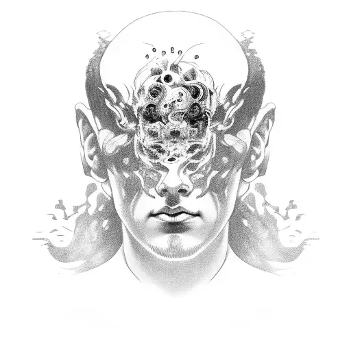 head silhouette with chaos, rage, fear, embarrassment, loneliness, screaming, isolated, scrutiny, ADHD, PTSD, Anxiety tattoo design idea