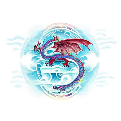 Dragon with feminine symbols, airplane, ocean, flowers tattoo design idea