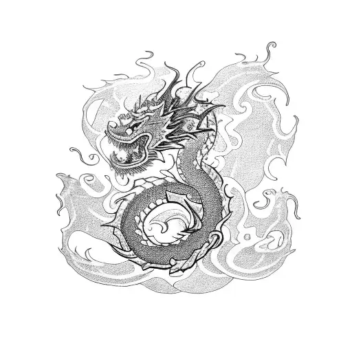 A dotwork tattoo of an Asian-inspired dragon surrounded by swirling waves, representing the client's love for Asia and their interest in dragons. tattoo design idea