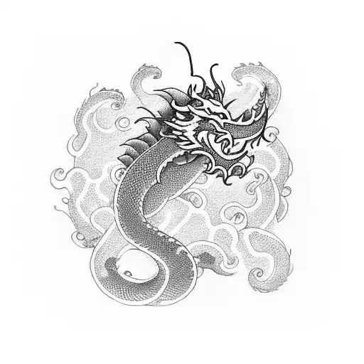 A dotwork tattoo of an Asian-inspired dragon surrounded by swirling waves, representing the client's love for Asia and their interest in dragons. tattoo design idea