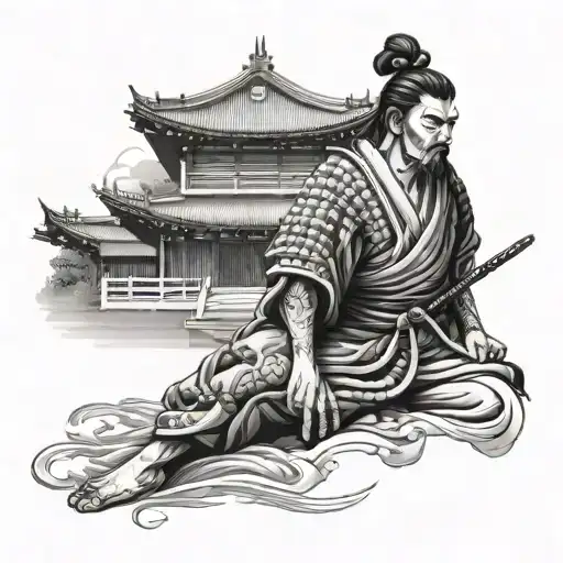 A samurai warrior meditating in front of a traditional Japanese temple tattoo design idea