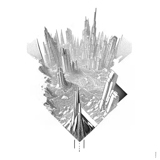 A futuristic cityscape with a hidden hiking trail leading into the wilderness tattoo design idea