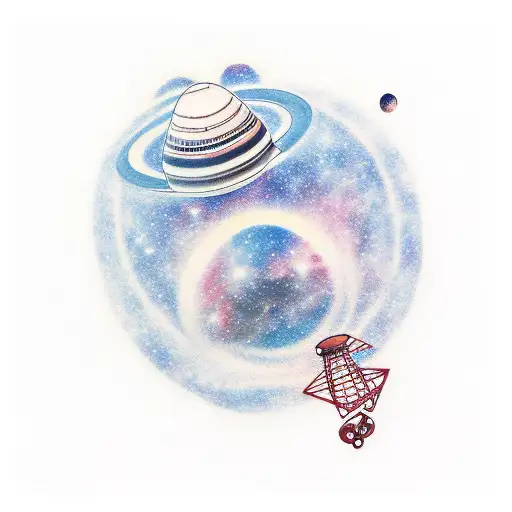 A minimalist tattoo of a galaxy with a UFO abducting a shopping cart tattoo design idea