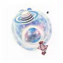 A minimalist tattoo of a galaxy with a UFO abducting a shopping cart tattoo design idea