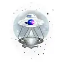 A minimalist tattoo of a galaxy with a UFO abducting a shopping cart tattoo design idea