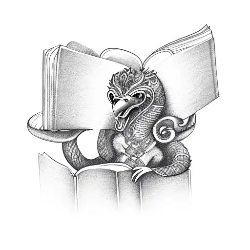 A sketch of a feathered serpent reading a book tattoo design idea