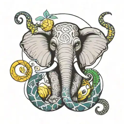 Elephant with snake wrapped around like a infinity sign and monkey in the middle tattoo design idea