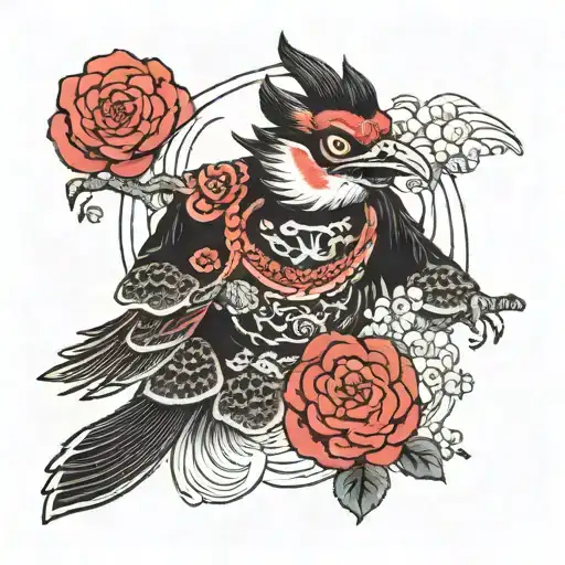 A traditional style tengu with a geisha and roses around it tattoo design idea
