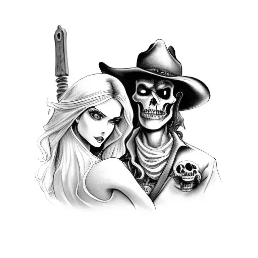 seductive looking lady holding on tightly to a mysterious looking cowboy with tombstones and a grim reaper in the back tattoo design idea