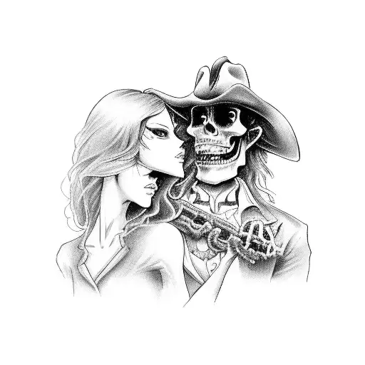 seductive looking lady holding on tightly to a mysterious looking cowboy with tombstones and a grim reaper in the back tattoo design idea