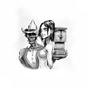 seductive looking lady holding on tightly to a mysterious looking cowboy with tombstones and a grim reaper in the back tattoo design idea