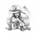 seductive looking lady holding on tightly to a mysterious looking cowboy with tombstones and a grim reaper in the back tattoo design idea