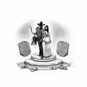 seductive looking lady holding on tightly to a mysterious looking cowboy with tombstones and a grim reaper in the back tattoo design idea