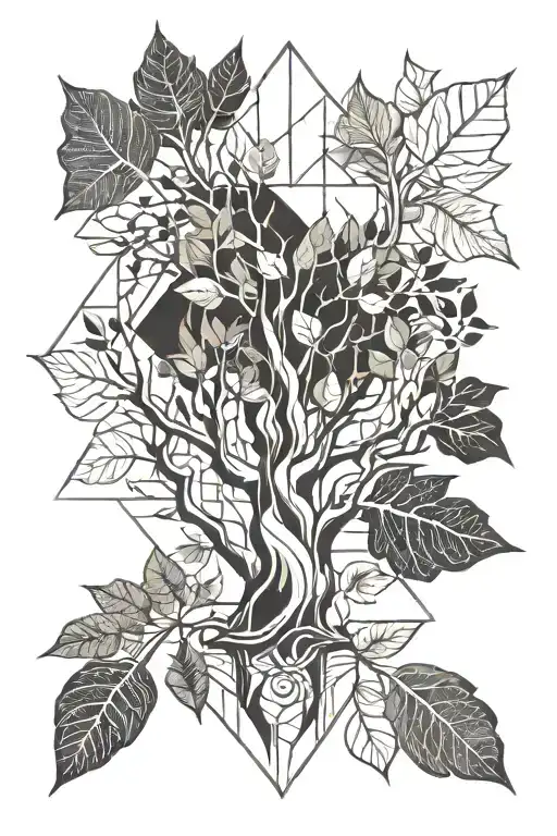 tree and leafs around a leg sleeve tattoo design idea