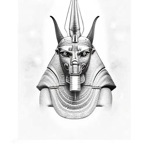 Realistic tattoo of the Egyptian god anubis up to half body, furious, in black and white, with decorations of skulls and tattoo design idea