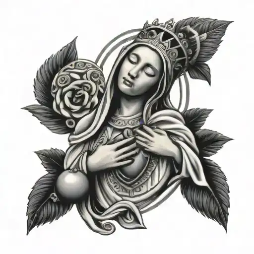 Virgin Mary holding sacred heart with Aztec background  tattoo design idea