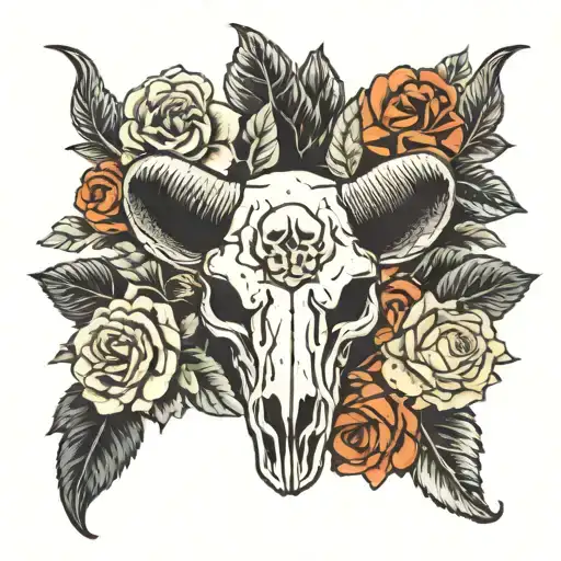 bull skull, goat skull, sheep skull,  and roses tattoo design idea