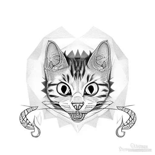 black and white head of a cat with an open mouth and fangs as if he hisses.  Hea tattoo design idea