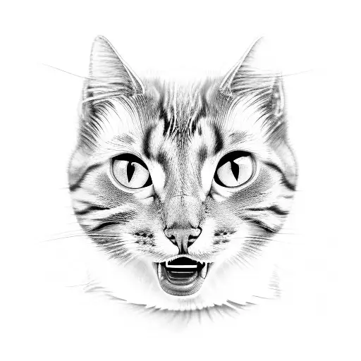 black and white head of a cat with an open mouth and fangs as if he hisses.  Hea tattoo design idea