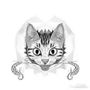 black and white head of a cat with an open mouth and fangs as if he hisses.  Hea tattoo design idea