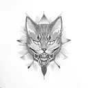 black and white head of a cat with an open mouth and fangs as if he hisses.  Hea tattoo design idea