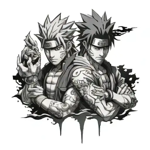 Tattoo on the arm, naruto and sasuke in black and white in realistic style tattoo design idea