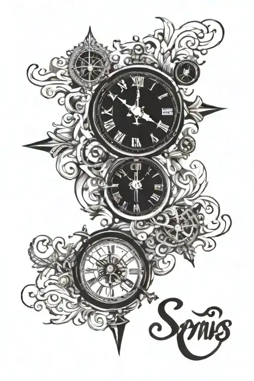 my sons name in cursive writing, Leonardo Alfredo Vercillo. incorporate a compass clock in Roman numerals 12:15 tattoo design idea