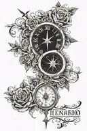 my sons name in cursive writing, Leonardo Alfredo Vercillo. incorporate a compass clock in Roman numerals 12:15 tattoo design idea