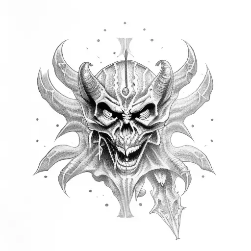 demon face with skulls around it for hand tattoo design idea