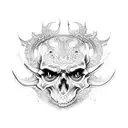 demon face with skulls around it for hand tattoo design idea