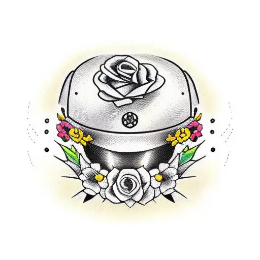 An army helmet surrounded by a vibrant bouquet of flowers tattoo design idea
