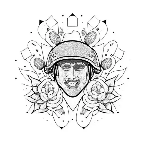 An army helmet surrounded by a vibrant bouquet of flowers tattoo design idea
