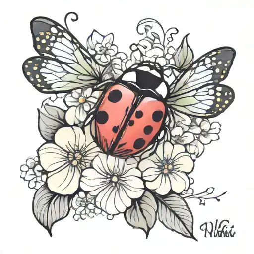 name Nikki on inner arm with Lady bug surrounded by delicate flowers tattoo design idea