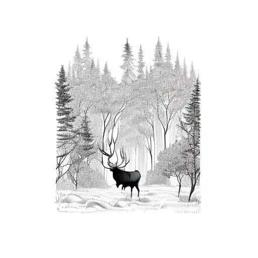 Elk walking thru forest tattoo design idea