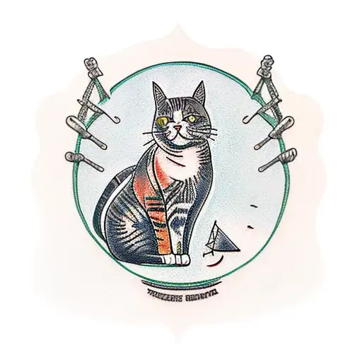A traditional tattoo of a cat sitting on a pile of money with a fishing rod and a hiking boot nearby tattoo design idea