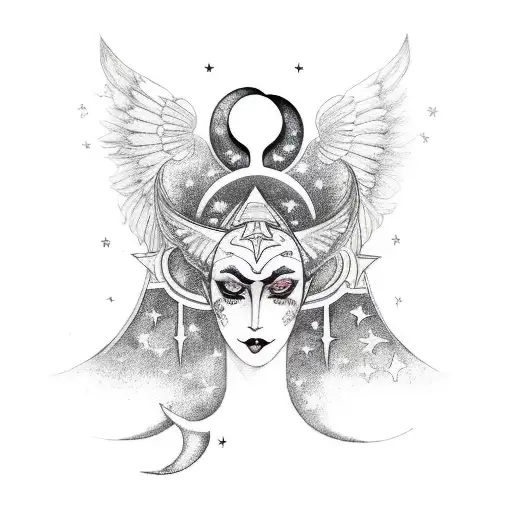 A celestial tattoo incorporating a crescent moon with eyeliner wings and lipstick kisses, symbolizing the beauty of the night sky tattoo design idea