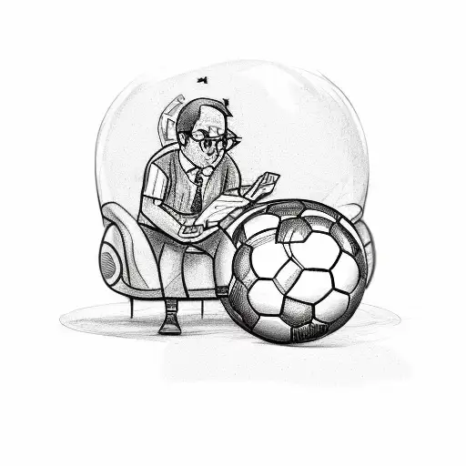A sketch-style tattoo of a publicist brainstorming creative ideas while sitting on a soccer ball tattoo design idea
