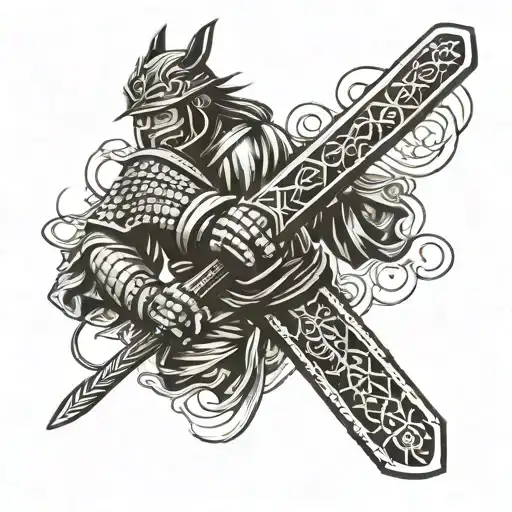 Incorporate traditional Japanese samurai swords into a dynamic jiu-jitsu themed design tattoo design idea