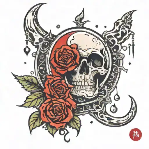 moon with skulls and rose's dripping red tattoo design idea